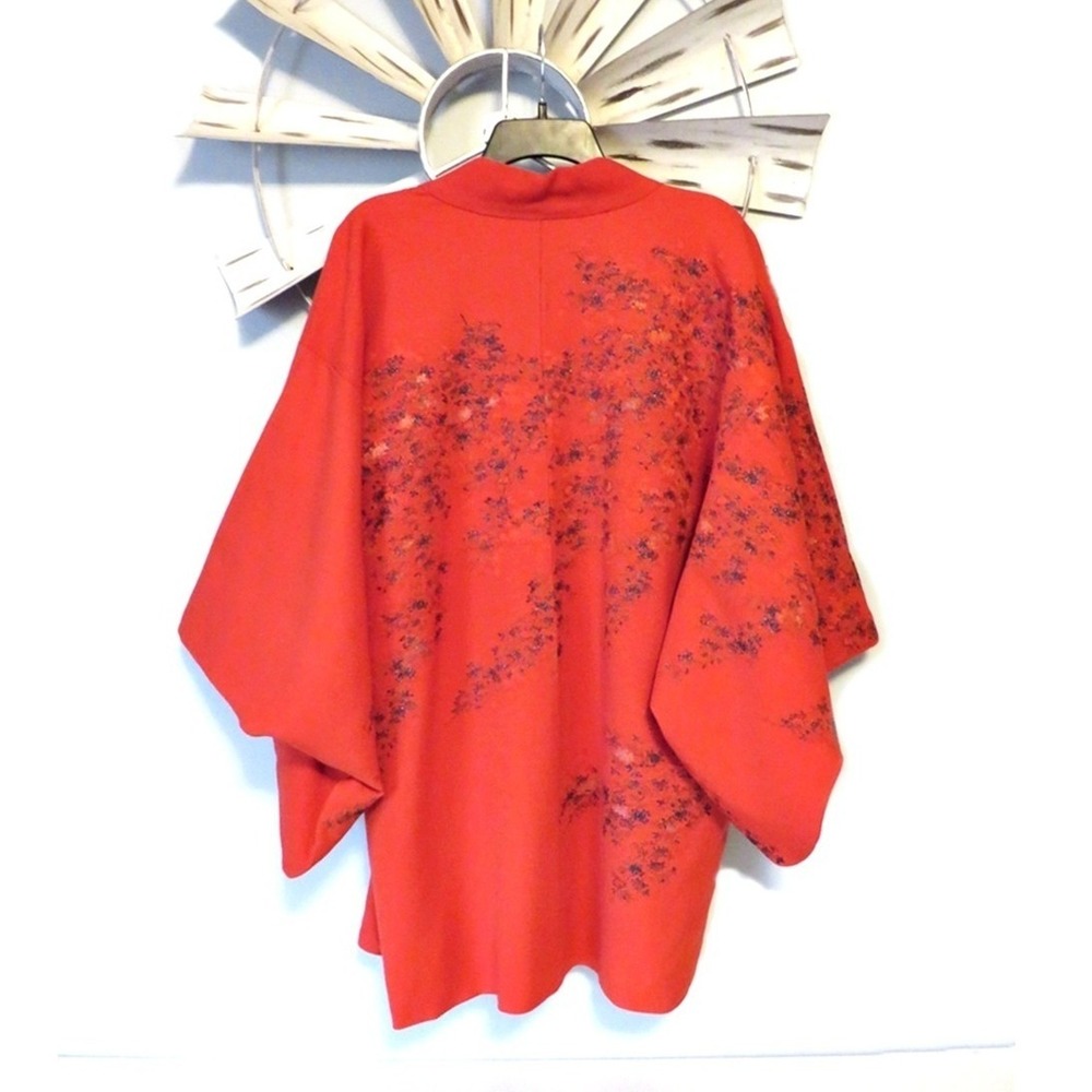 Vintage Japanese Haori Jacket Vibrant Red Textured Fabric Delicate Floral Detail